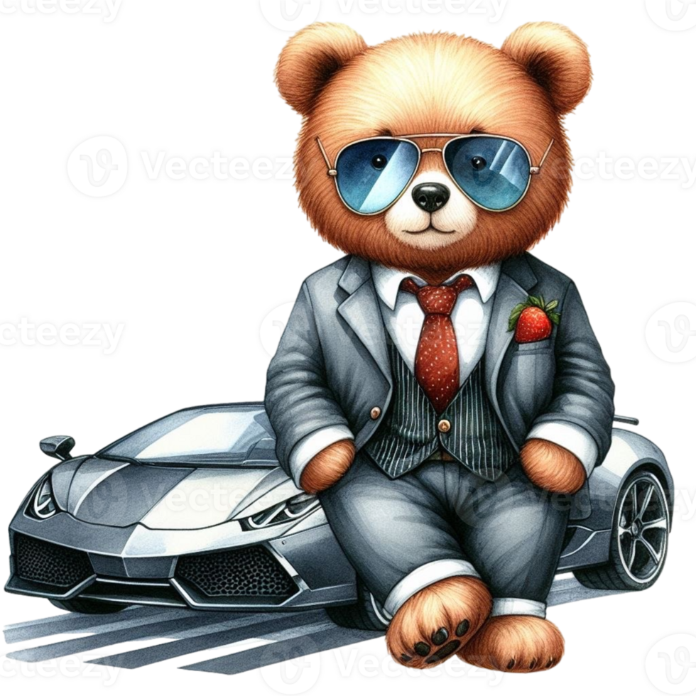 AI generated cartoon fox in suit and sunglasses with a car png