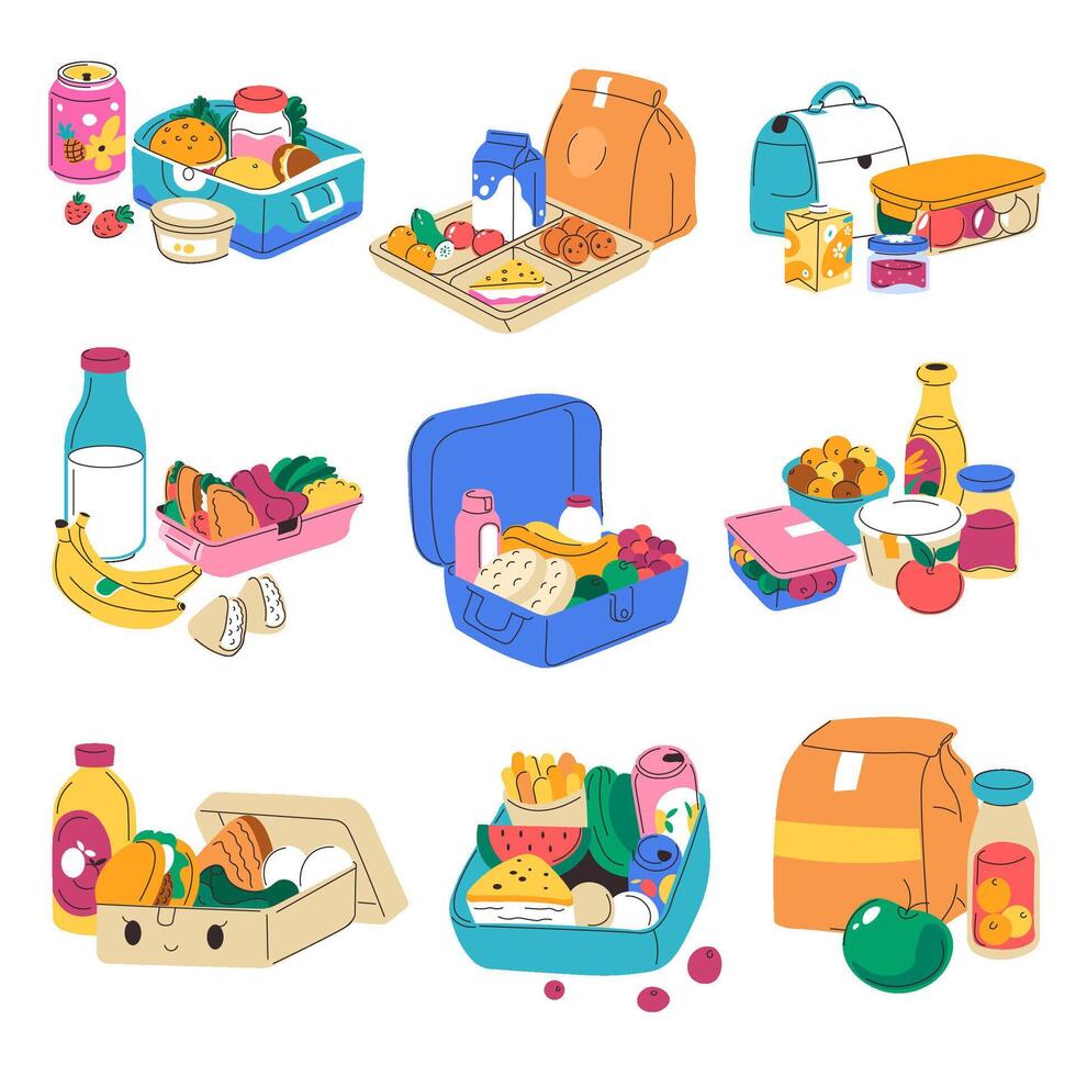 Variety of lunchboxes, snacks for school or work vector