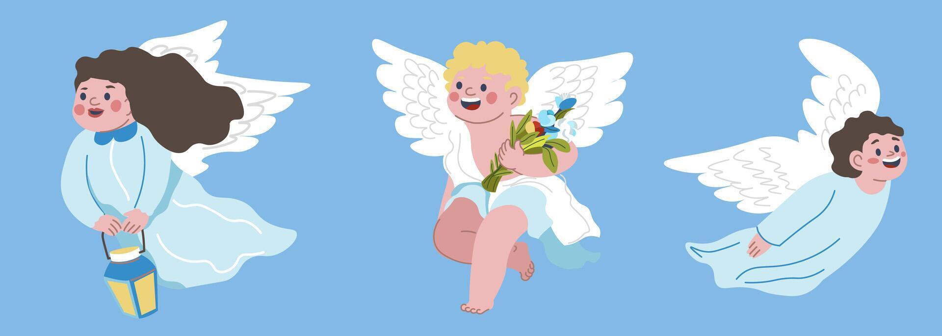 Angels with wings and flowers, angelic creatures vector