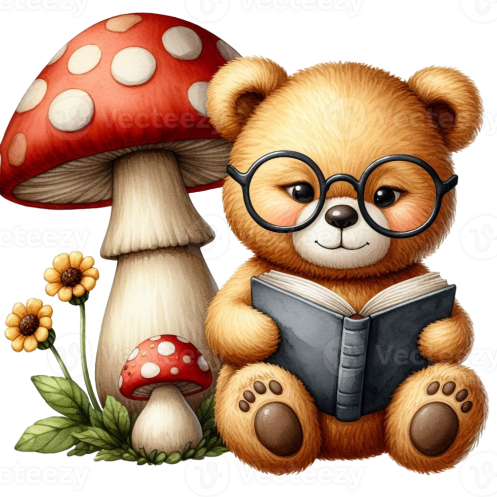 AI generated a cute teddy bear reading a book under a mushroom png