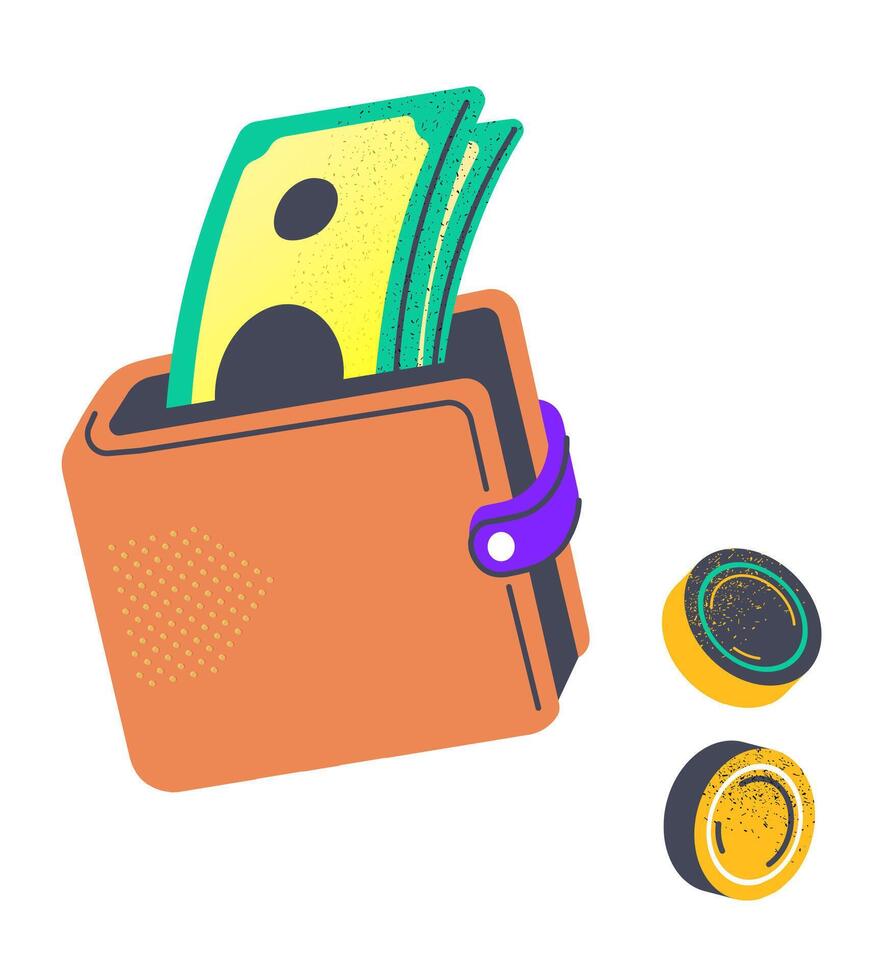 Wallet with money, dollar banknotes and coins vector