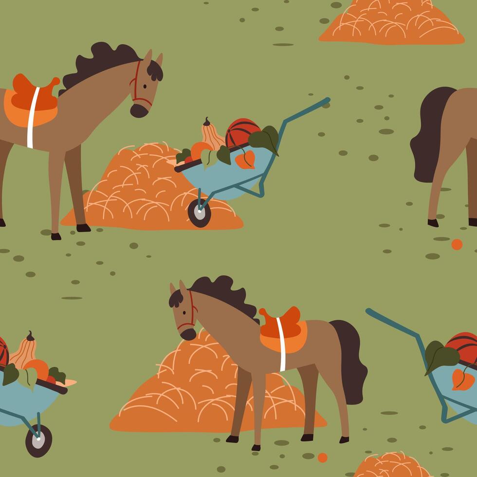Farming and harvesting, horse by hay, wheelbarrow vector