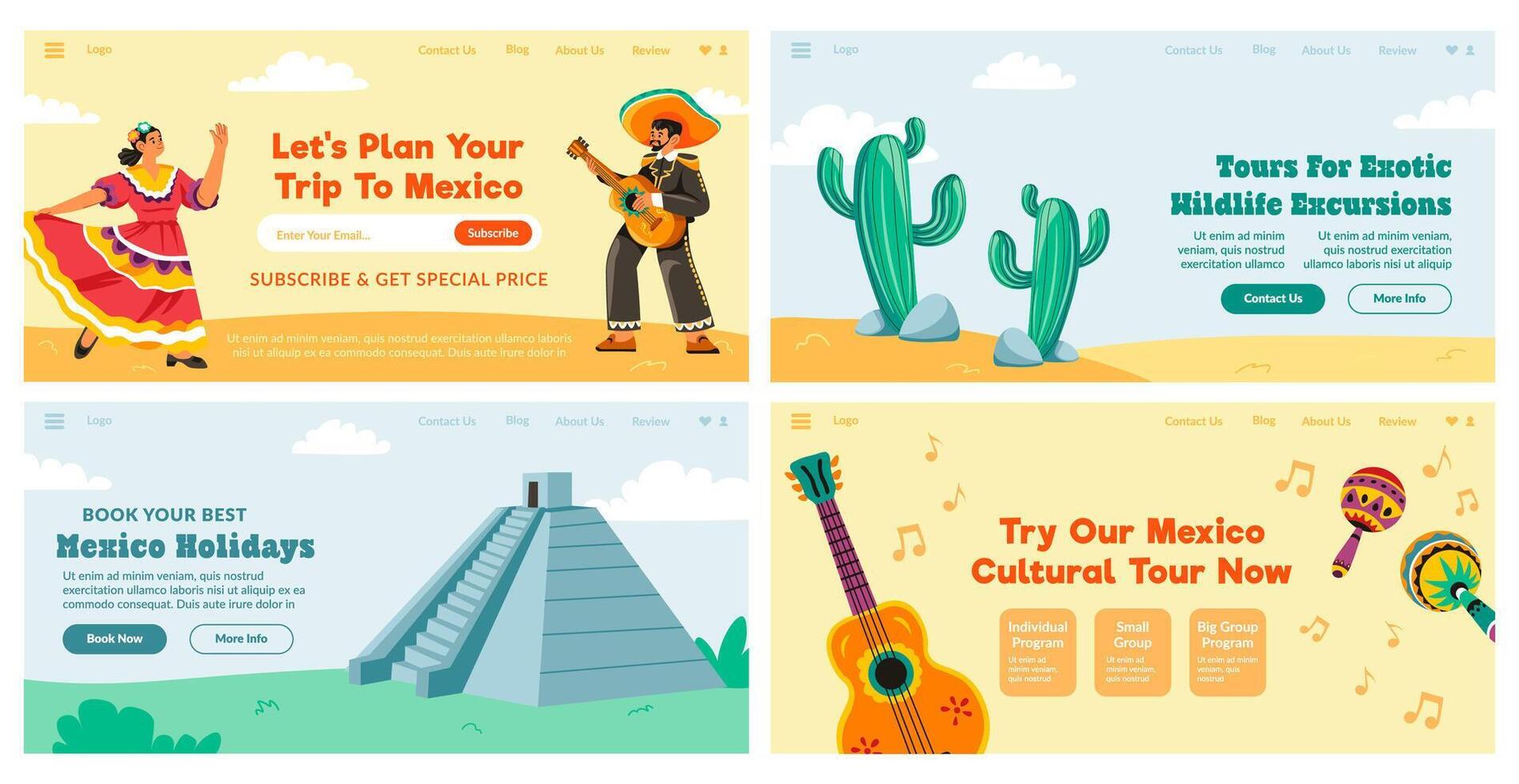 Landing page set with mexico tour advertising vector