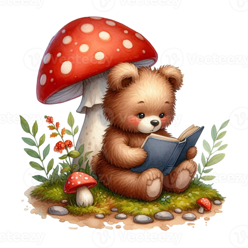 AI generated a cute teddy bear reading a book under a mushroom png