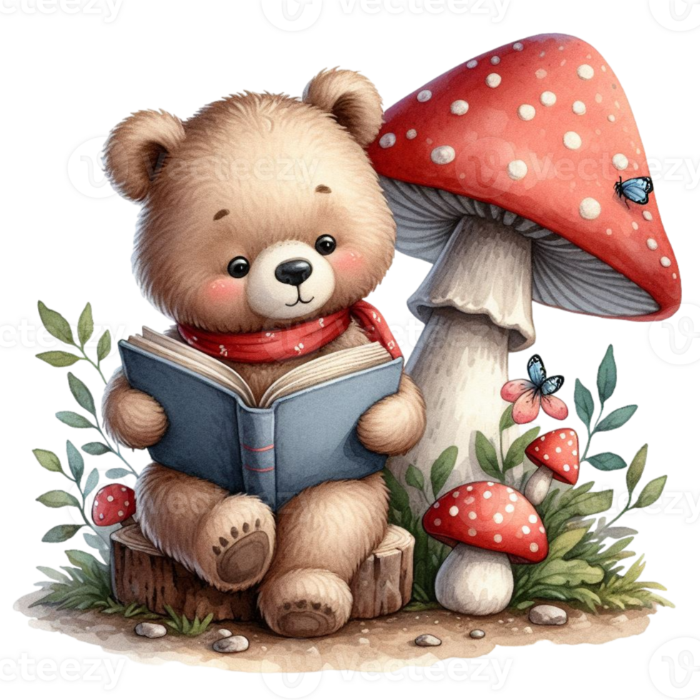 AI generated a cute teddy bear reading a book under a mushroom png