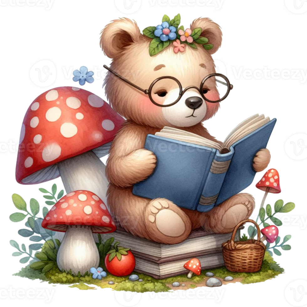 AI generated a cute teddy bear reading a book under a mushroom png
