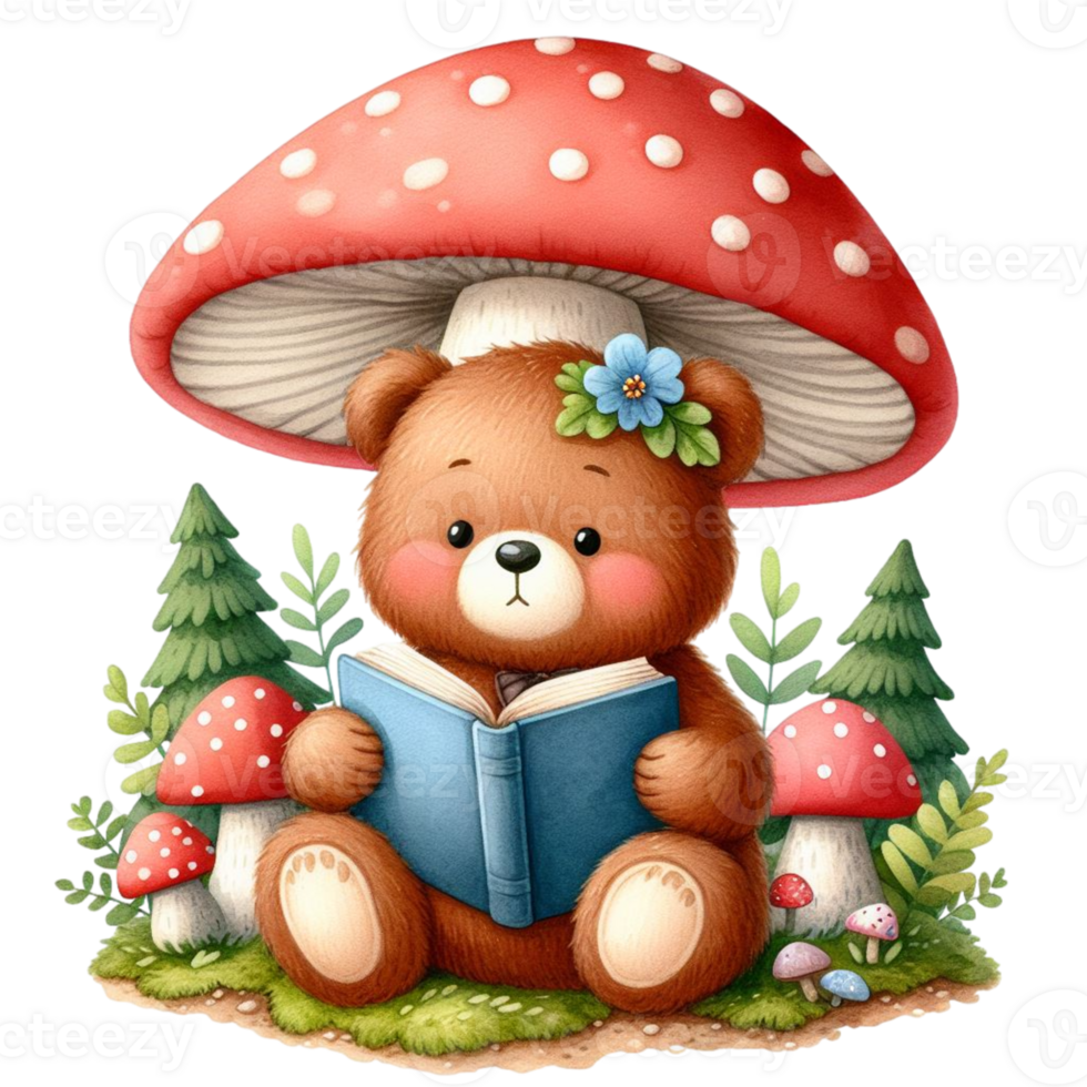 AI generated a cute teddy bear reading a book under a mushroom png