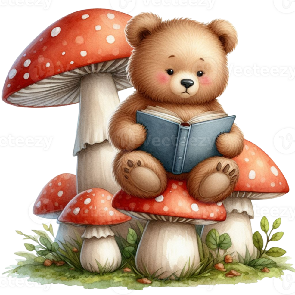 AI generated a cute teddy bear reading a book under a mushroom png