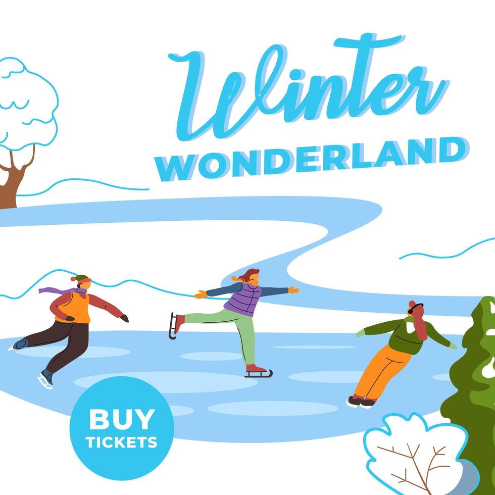 Ice skating rink, buy tickets on winter wonderland vector