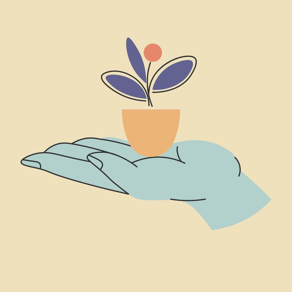 Open human palm holding potted blooming flower vector