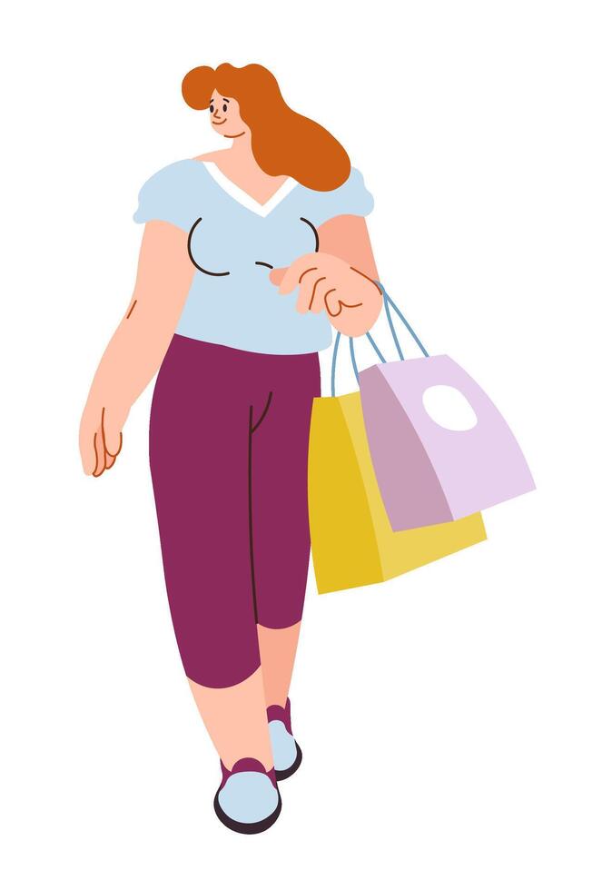 Woman looking around while shopping, girl with bag vector