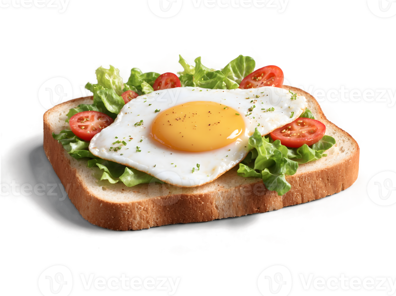 AI generated isometric food icons featuring a sunny-side-up egg on toast with salad on the bottom on transparent background png