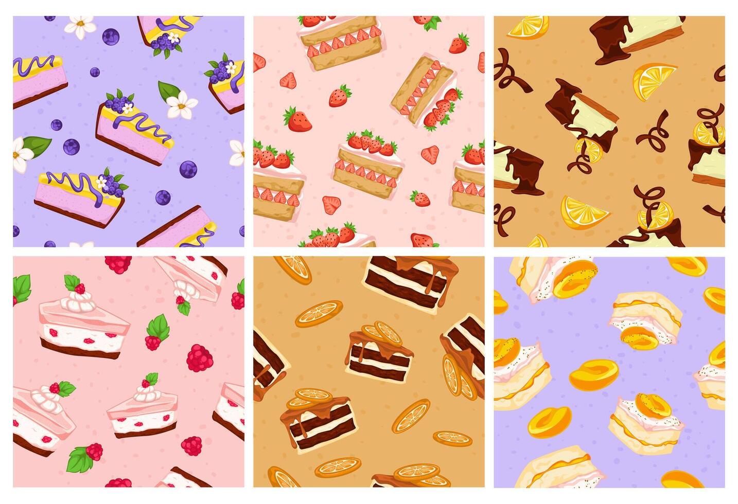 Decorative pattern set with tasty cakes pieces vector