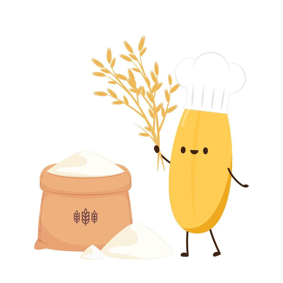 Rice character design. rice vector on white background. rice seed. Peasant hat vector. Pile of Rice.