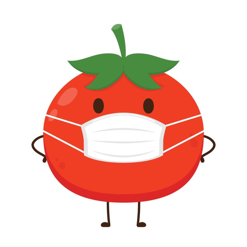 tomate dibujos animados. tomate personaje diseño. tomate en blanco antecedentes. tomate vistiendo un cara mascarilla. vector