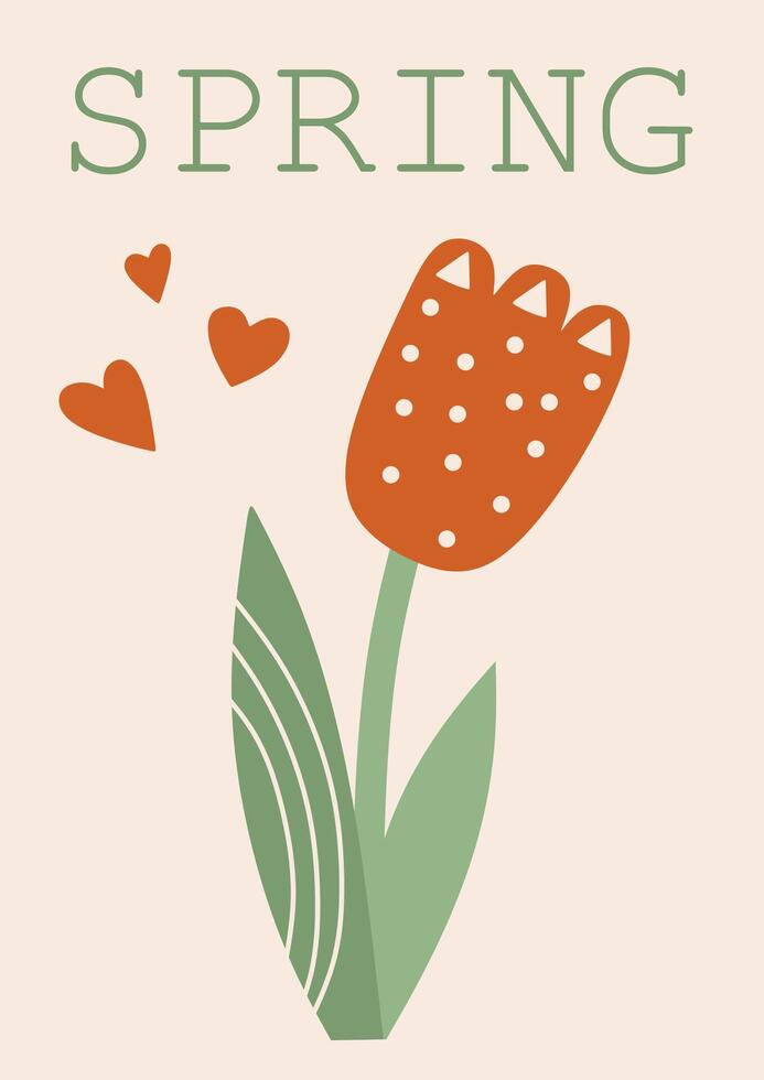 linda primavera tarjeta postal con mano dibujado tulipán y corazones vector