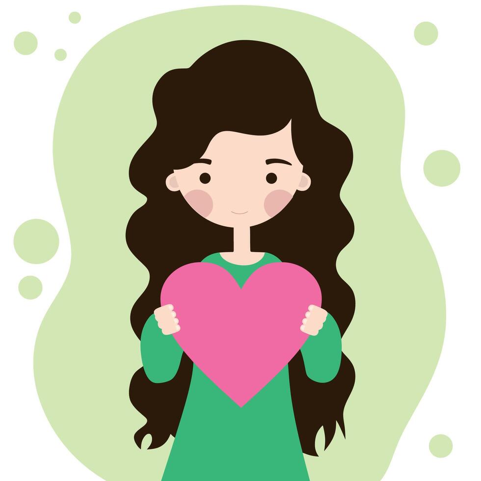 Cute white girl with a pink heart flat illustration vector