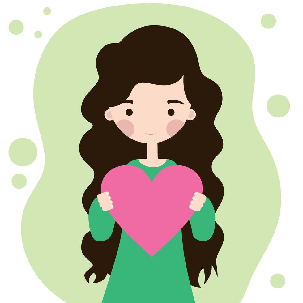 linda blanco niña con un rosado corazón plano ilustración vector