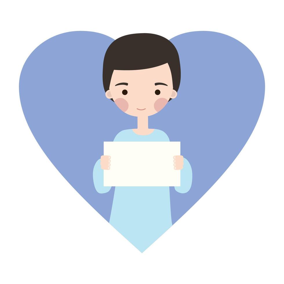 linda blanco chico con un papel en manos y corazón en un antecedentes plano ilustración vector