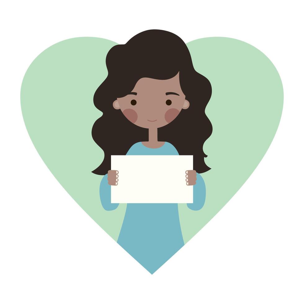 linda negro niña con un papel en manos y corazón en un antecedentes plano ilustración vector