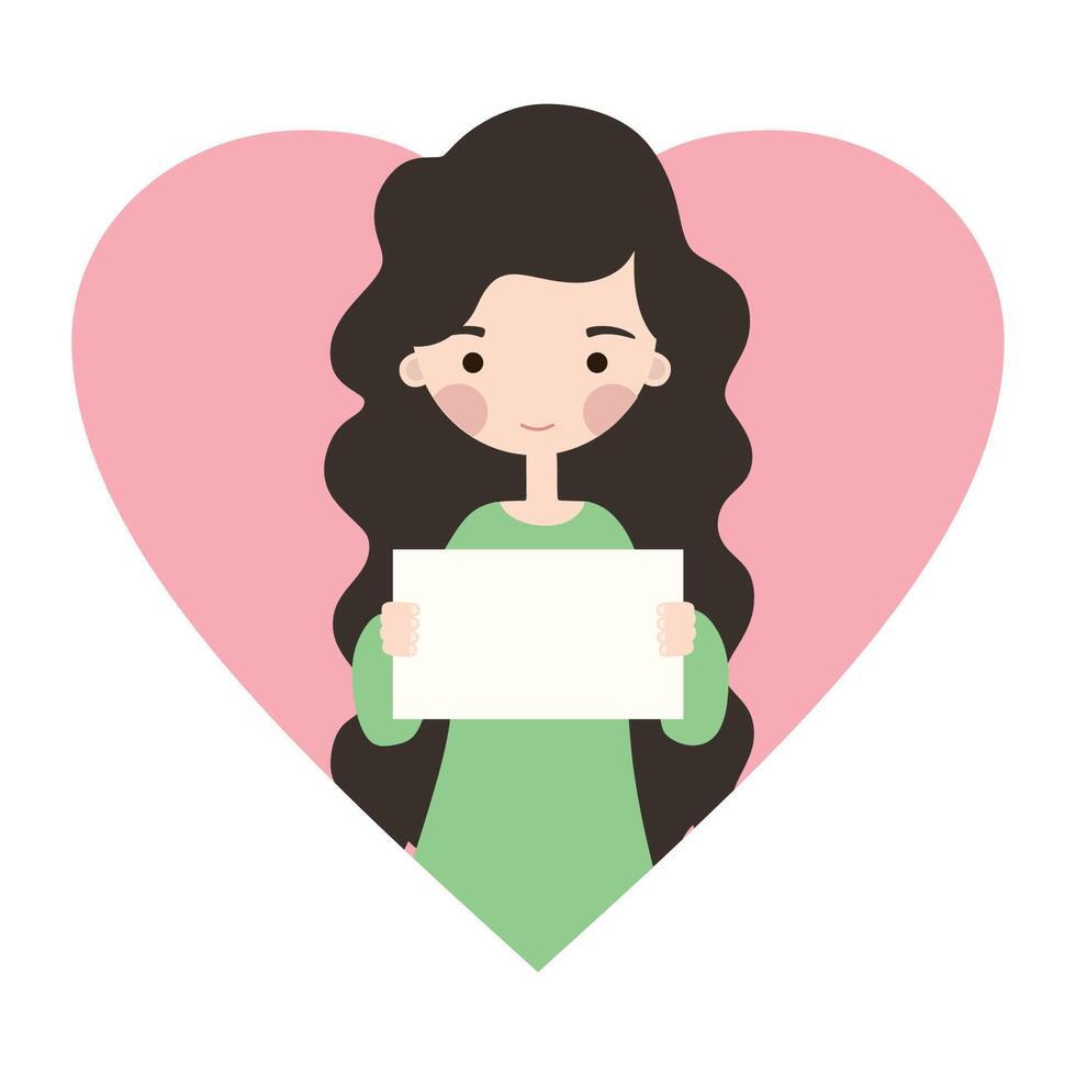 Cute white girl with a paper in hands and heart on a background flat illustration vector