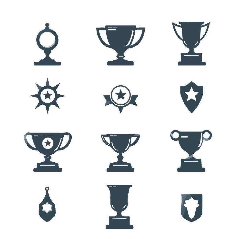 siluetas de el ganador medalla y trofeo taza. colección de victorioso iconos colección de premio emblemas trofeo y premio taza icono colocar. vector