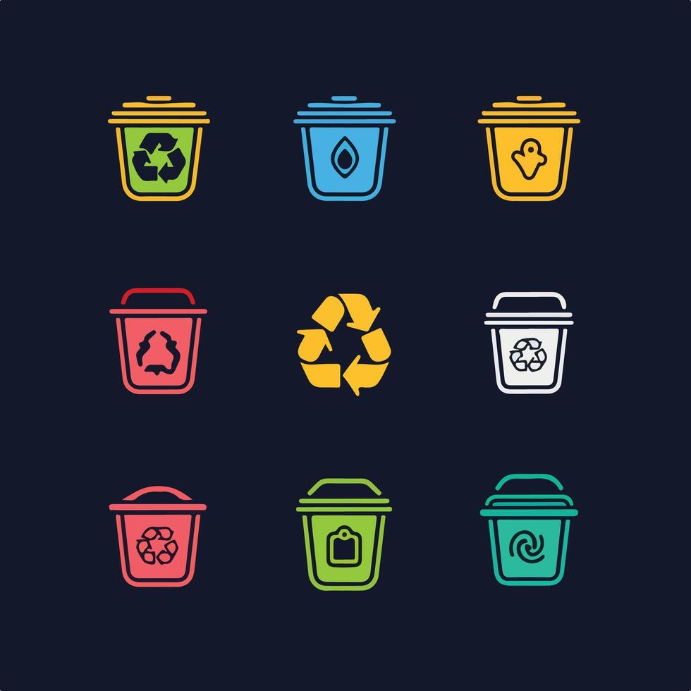 conjunto de íconos para reciclaje y basura latas basura lata símbolo. reciclar símbolo. línea icono vector