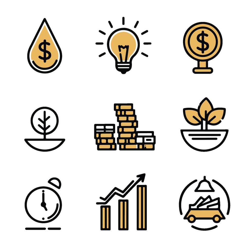 Icons representing investment, profit, asset, investor, portfolio, dividend, capital, risk, and inflation are all included in the investment line icon collection vector