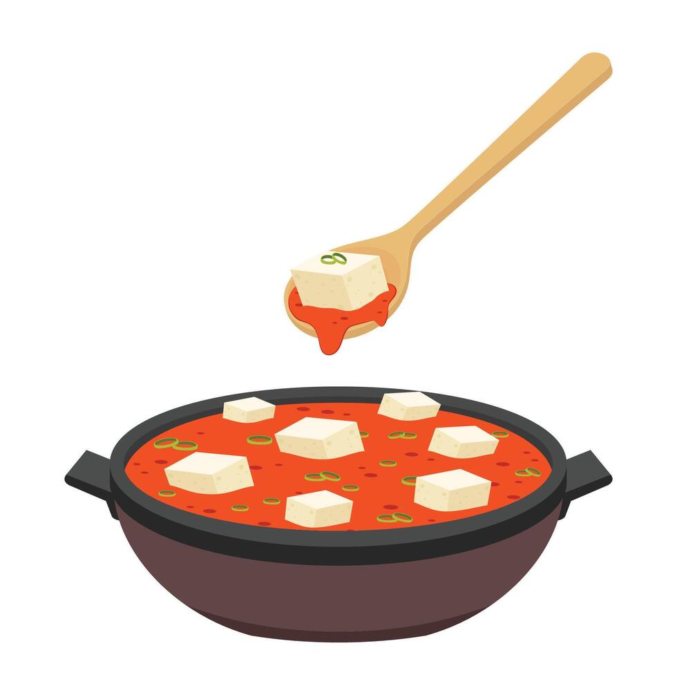 Tofu Kimchi Soup vector. Tofu Kimchi Soup on white background. Tofu Kimchi Soup is Korea food. vector