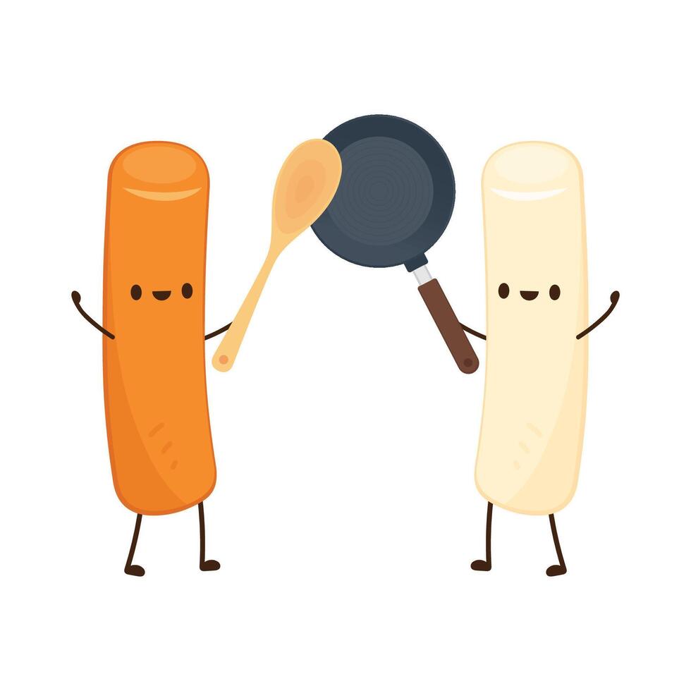 Cute Tteokbokki noodle cartoon. Korean street food. simple vector logo sausage. Tteokbokki is korean food.