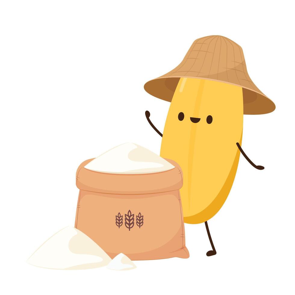 Rice character design. rice vector on white background. rice seed. Peasant hat vector. Pile of Rice.