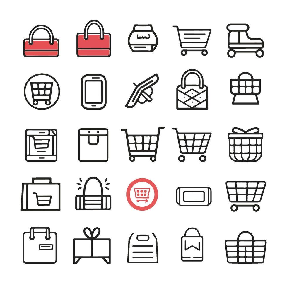 compras íconos colocar, Delgado línea símbolos para en línea comprando y comercio electrónico vector