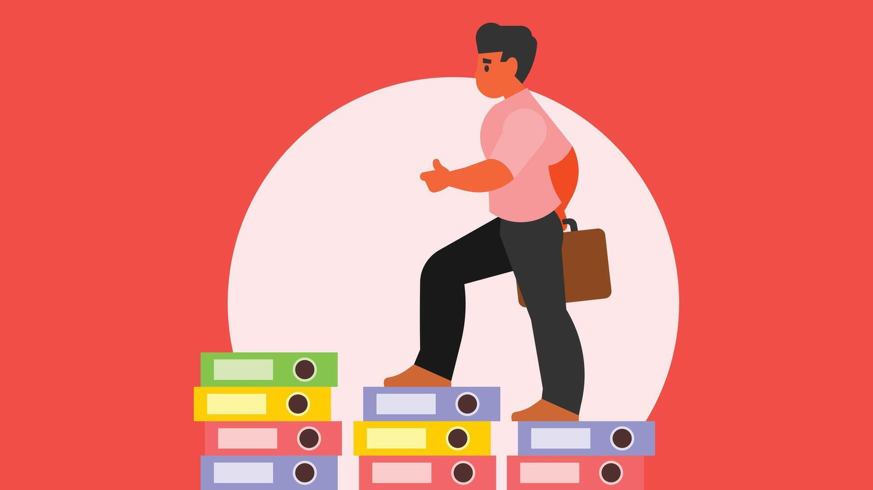 Employee is going up over folders as progress in career vector illustration