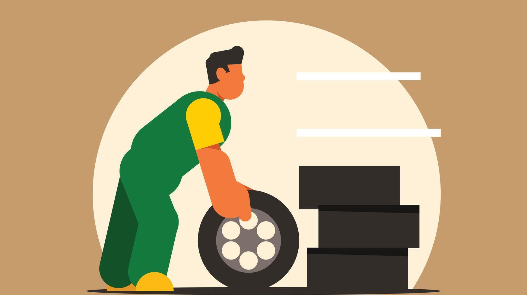 mechanic technician holds a car tyre in a workshop vector illustration