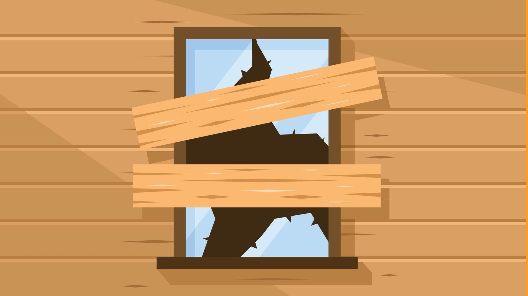 Huanted house window closed with wooden bars and broken glass vector illustration