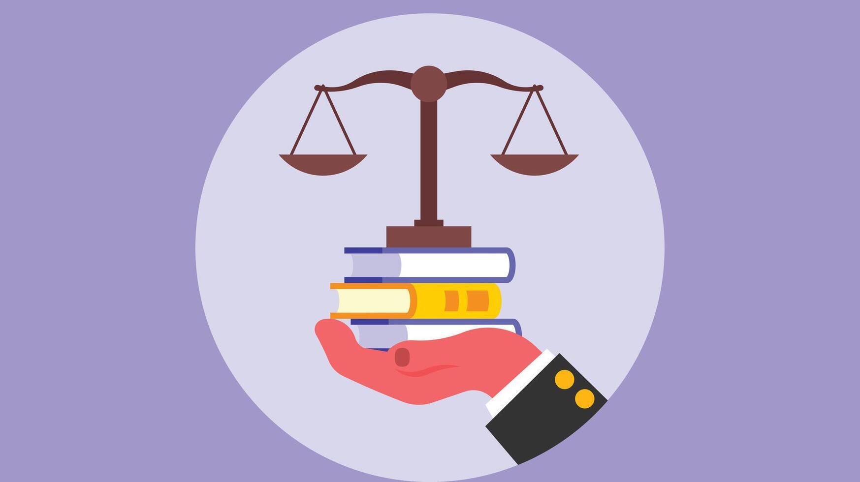 Hand holding law books and justice scale vector illustration