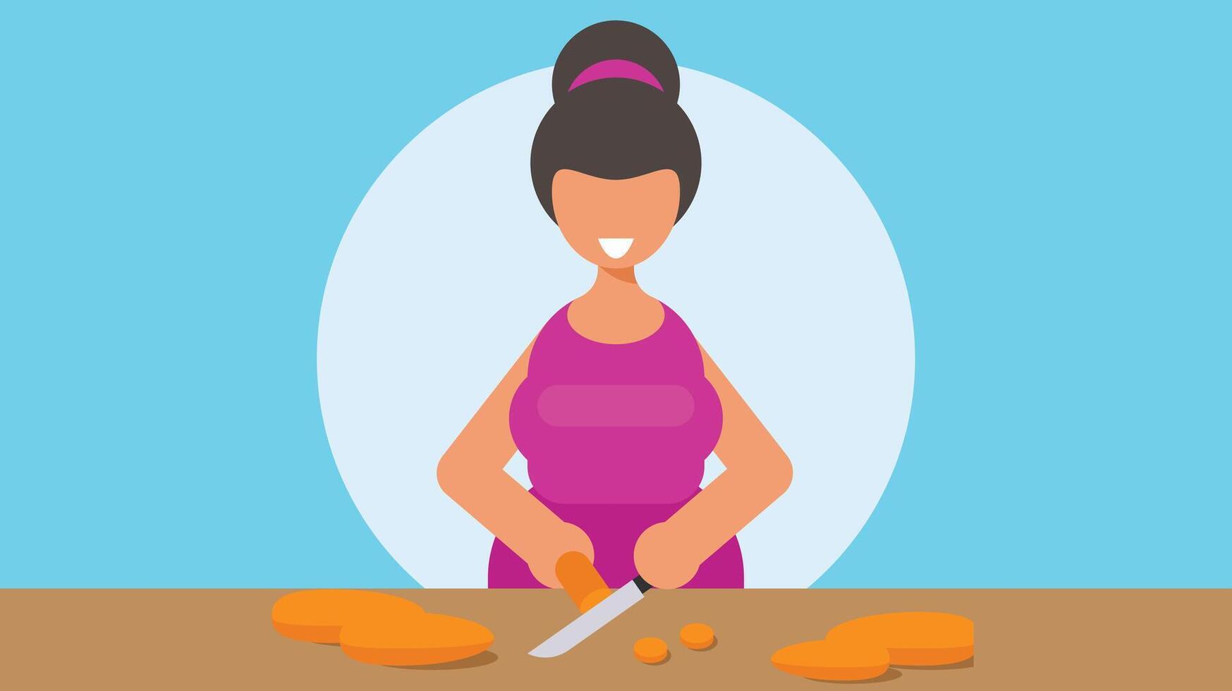 mujer en cocina corte comida con cuchillo vector aislado ilustración