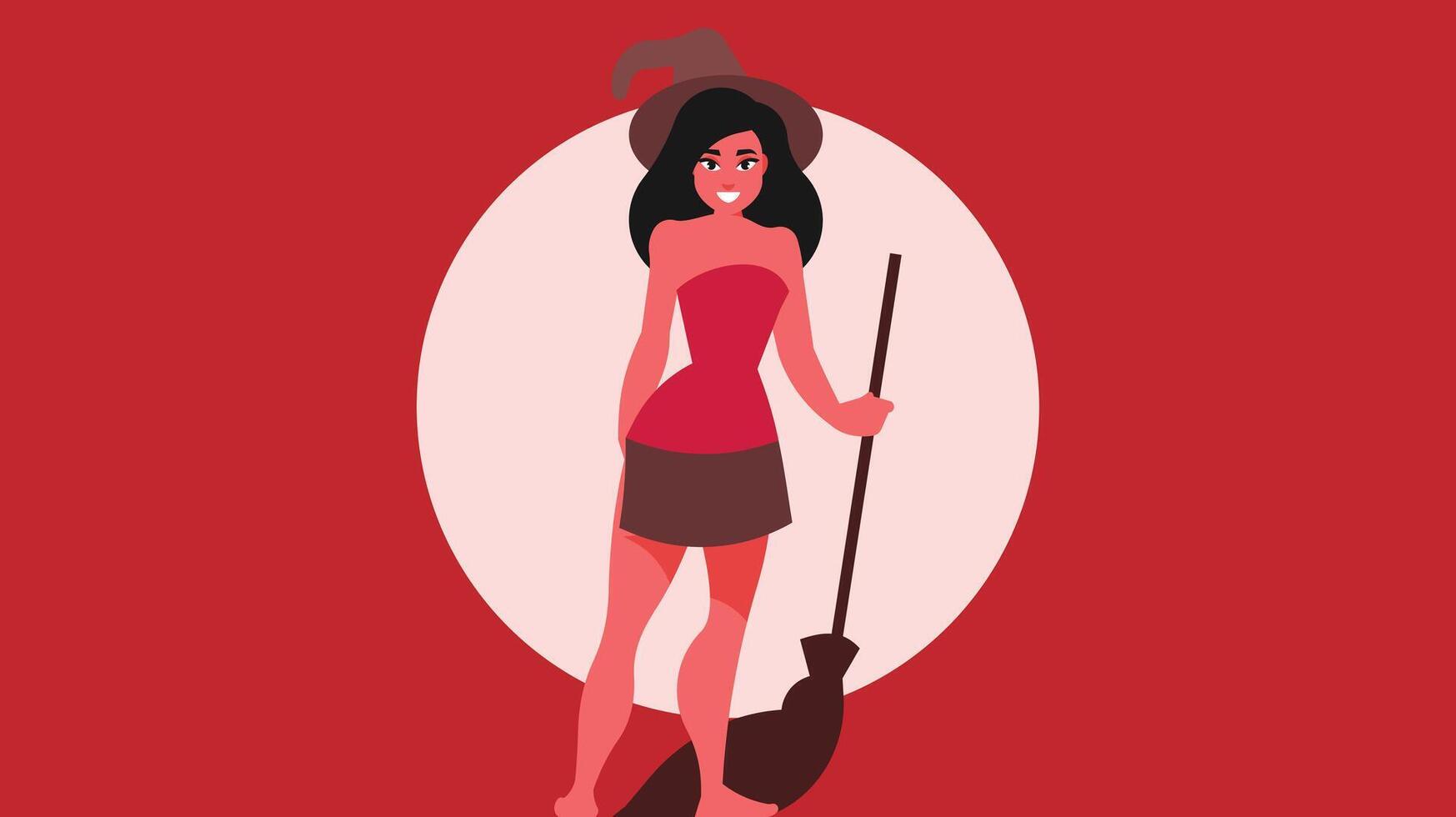 cute halloween custome witch for a lady with a broom vector illustration