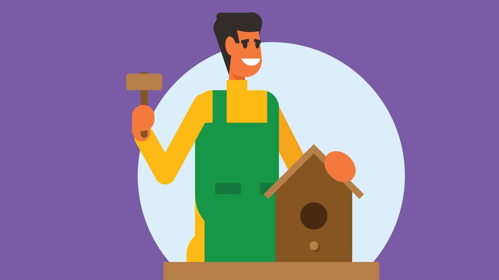 Carpenter in wood workshop building bird house vector illustration
