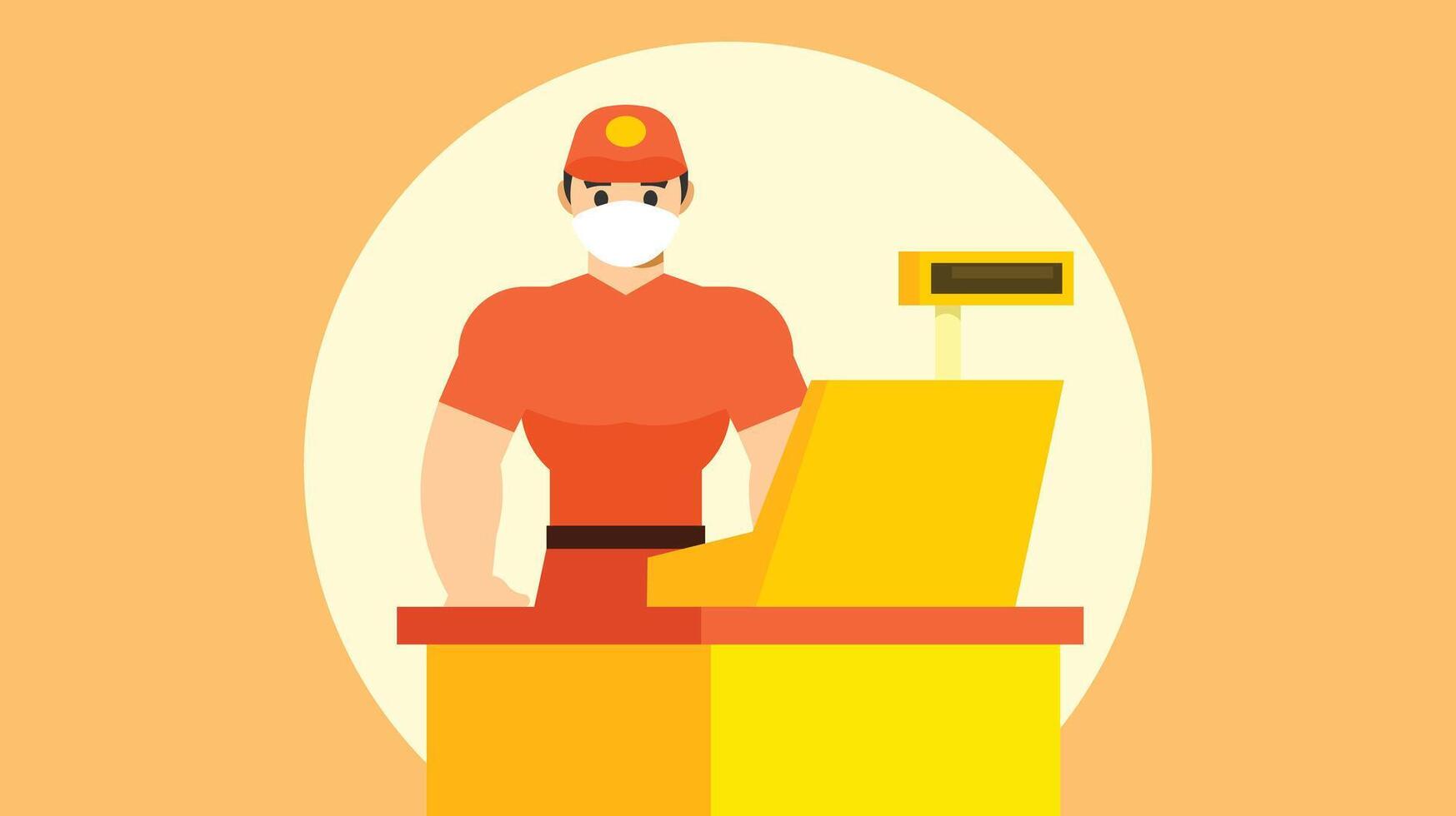 Cashier in front of counter machine in a supermarket with a mask on face vector illustration