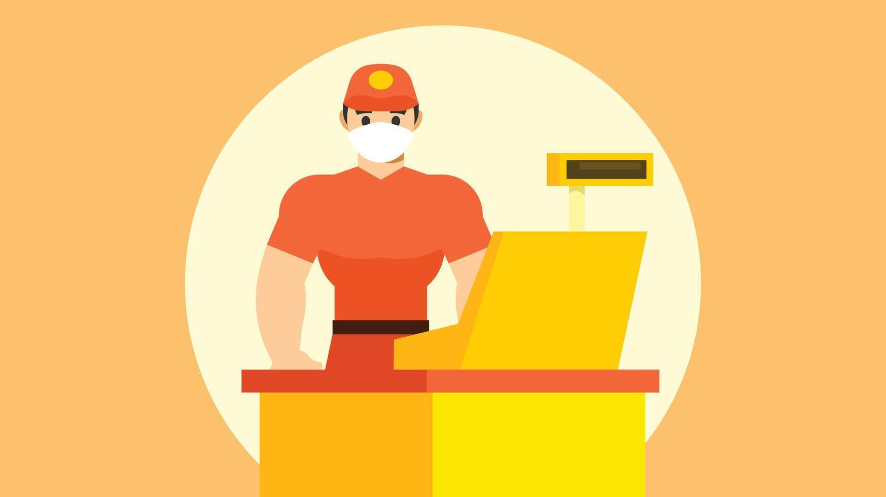 Cashier in front of counter machine in a supermarket with a mask on face vector illustration