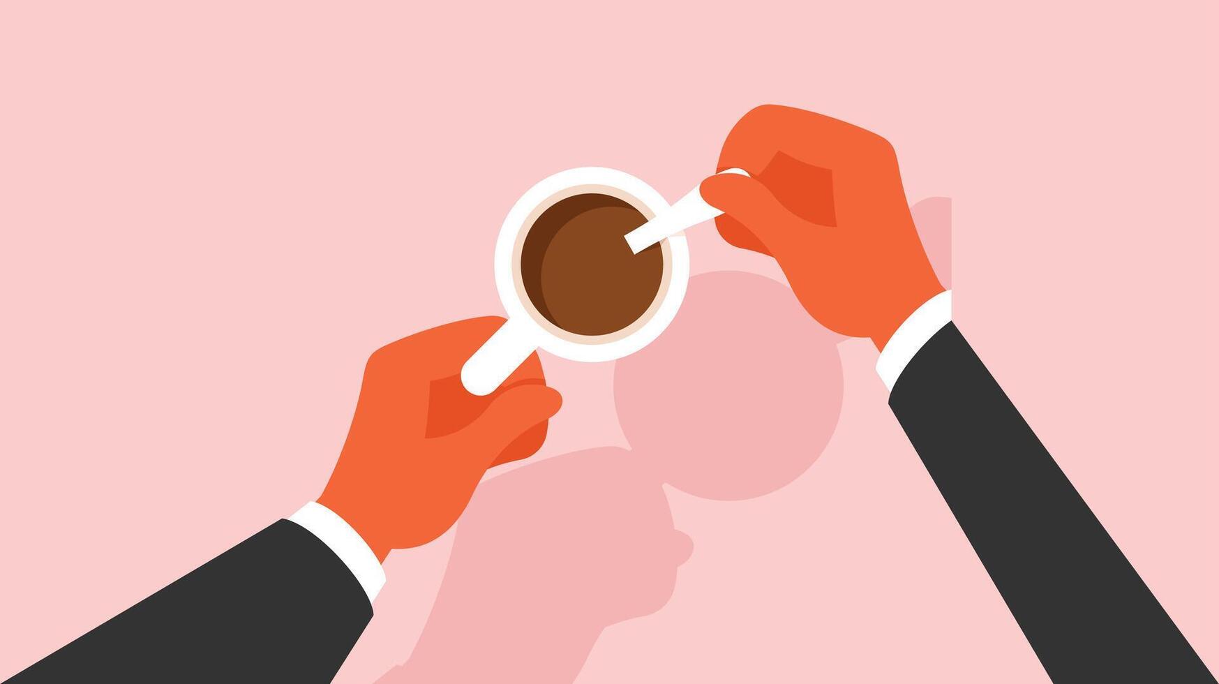 hands holding a coffee cup and steering sugar with spoon vector illustration