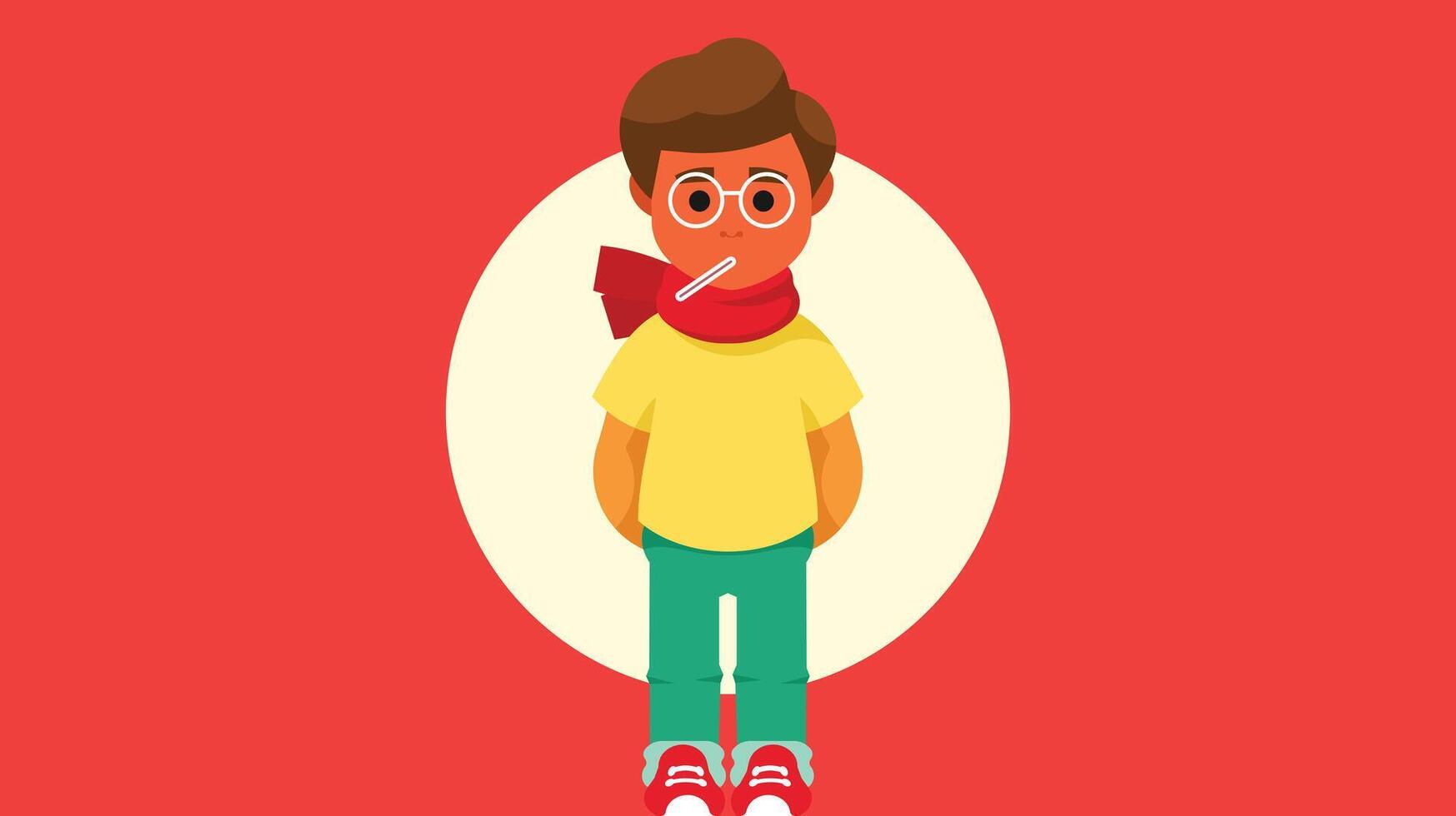 Sick child with a fever and putting a thremometer in mouth vector illustration