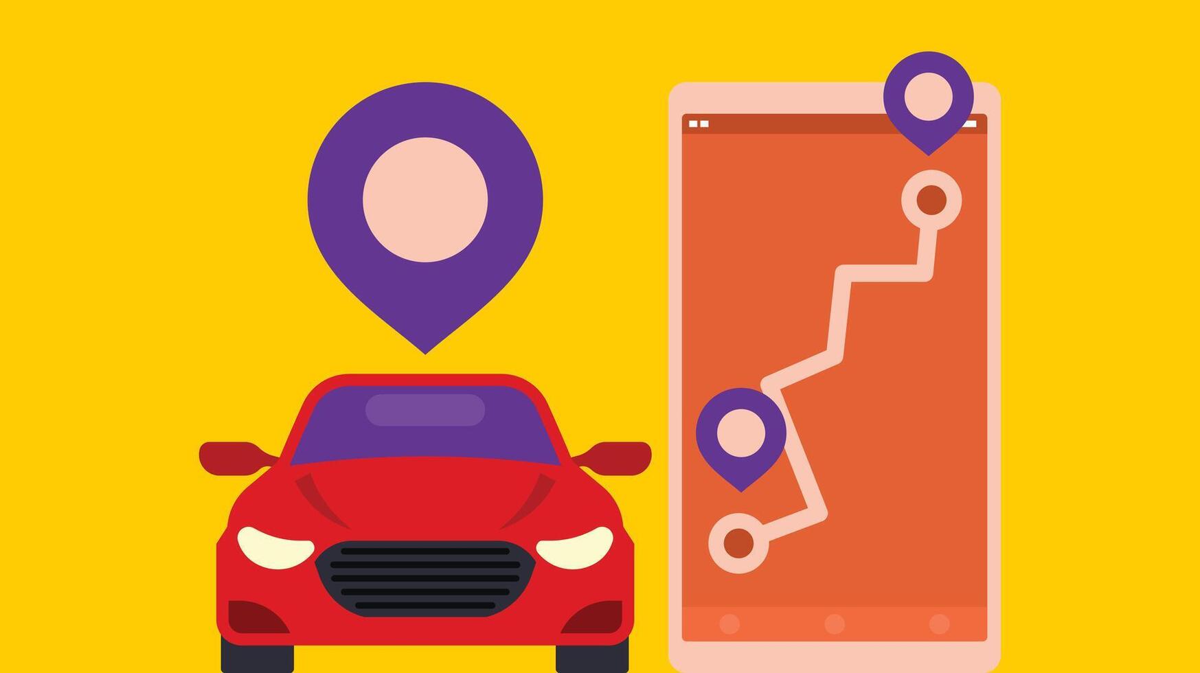 Car Assistance Application with location screen GPS direction, car rental, car sharing drive app vector illustration