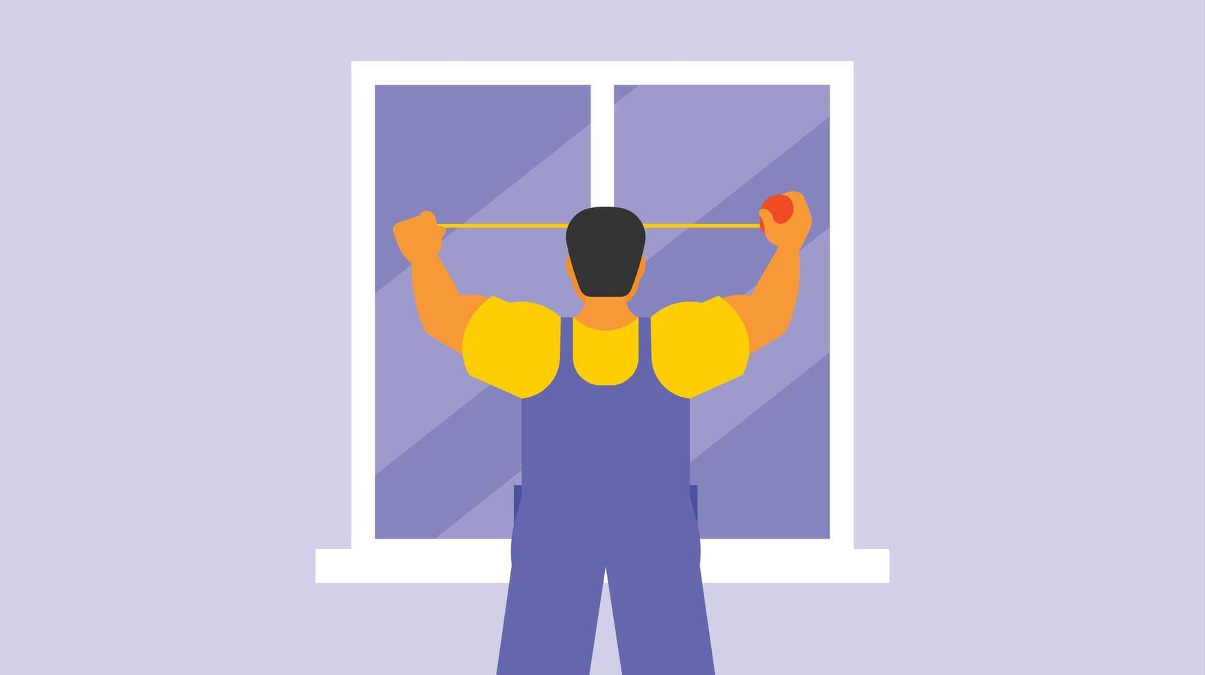 Handy man working on the apartement to measure and repair vector illustration