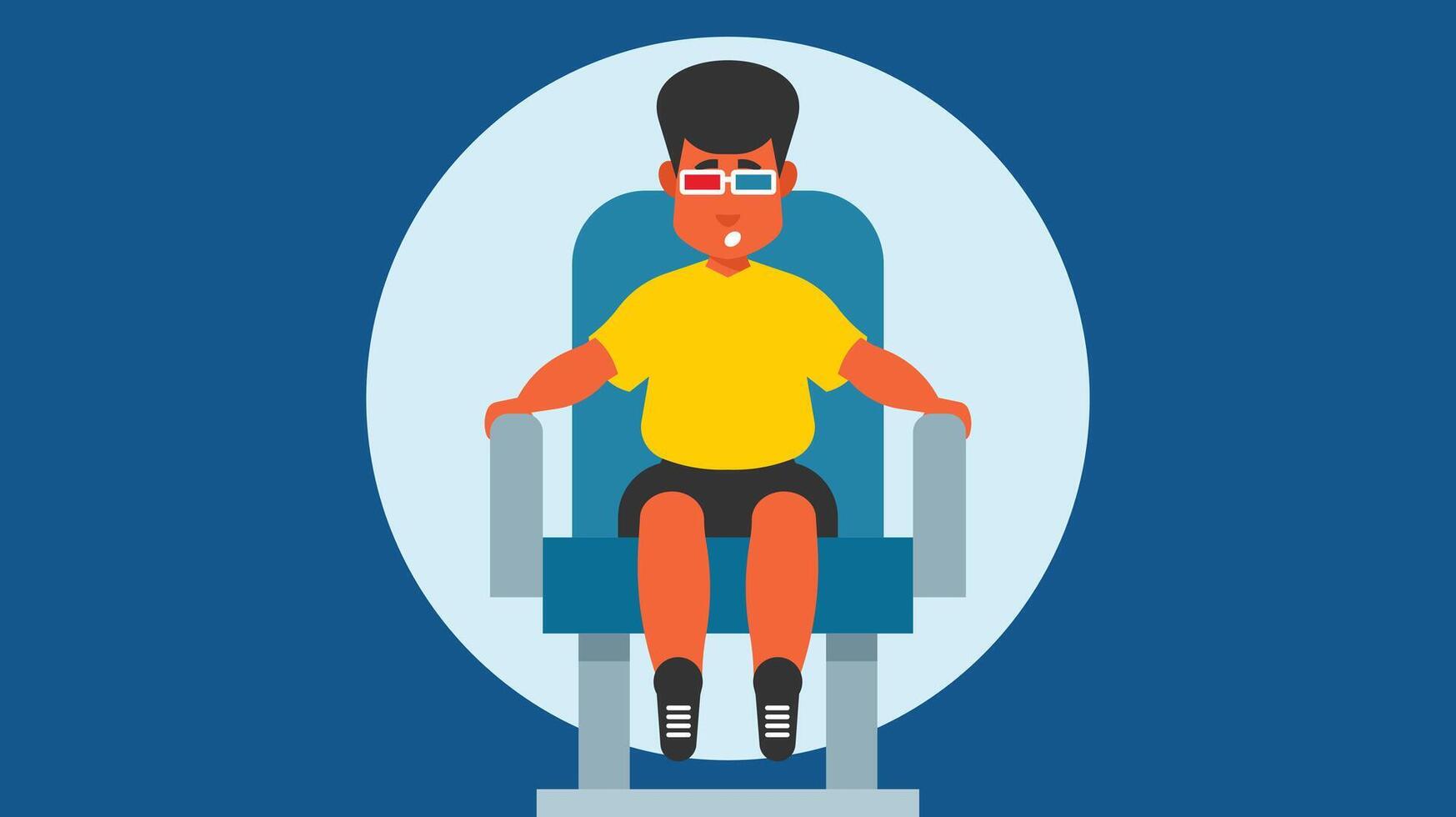 Child sitting on a chair wears a 3d glasses vector illustration