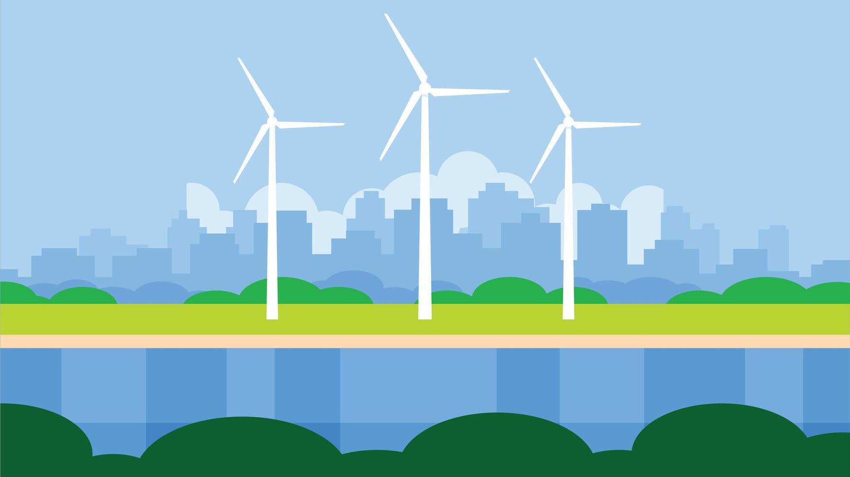 Windmill farm background with river and mountains in the background vector