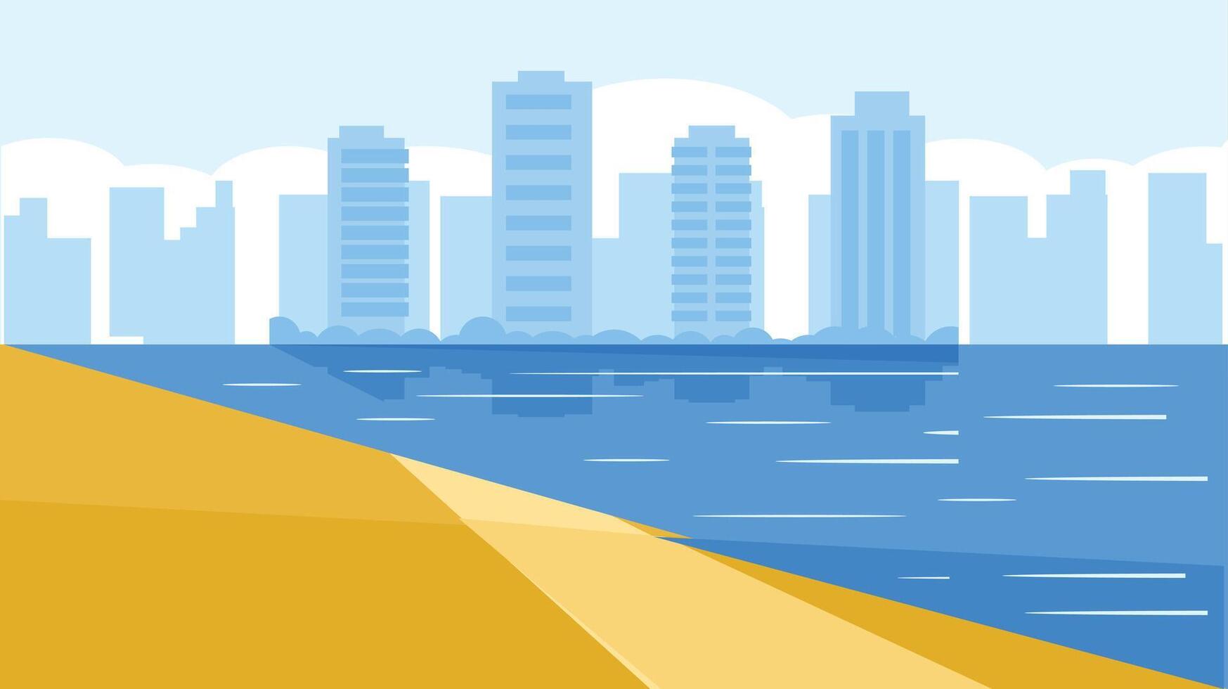 Sea shore with sandy beaches and clear water and skyline in the background vector illustration