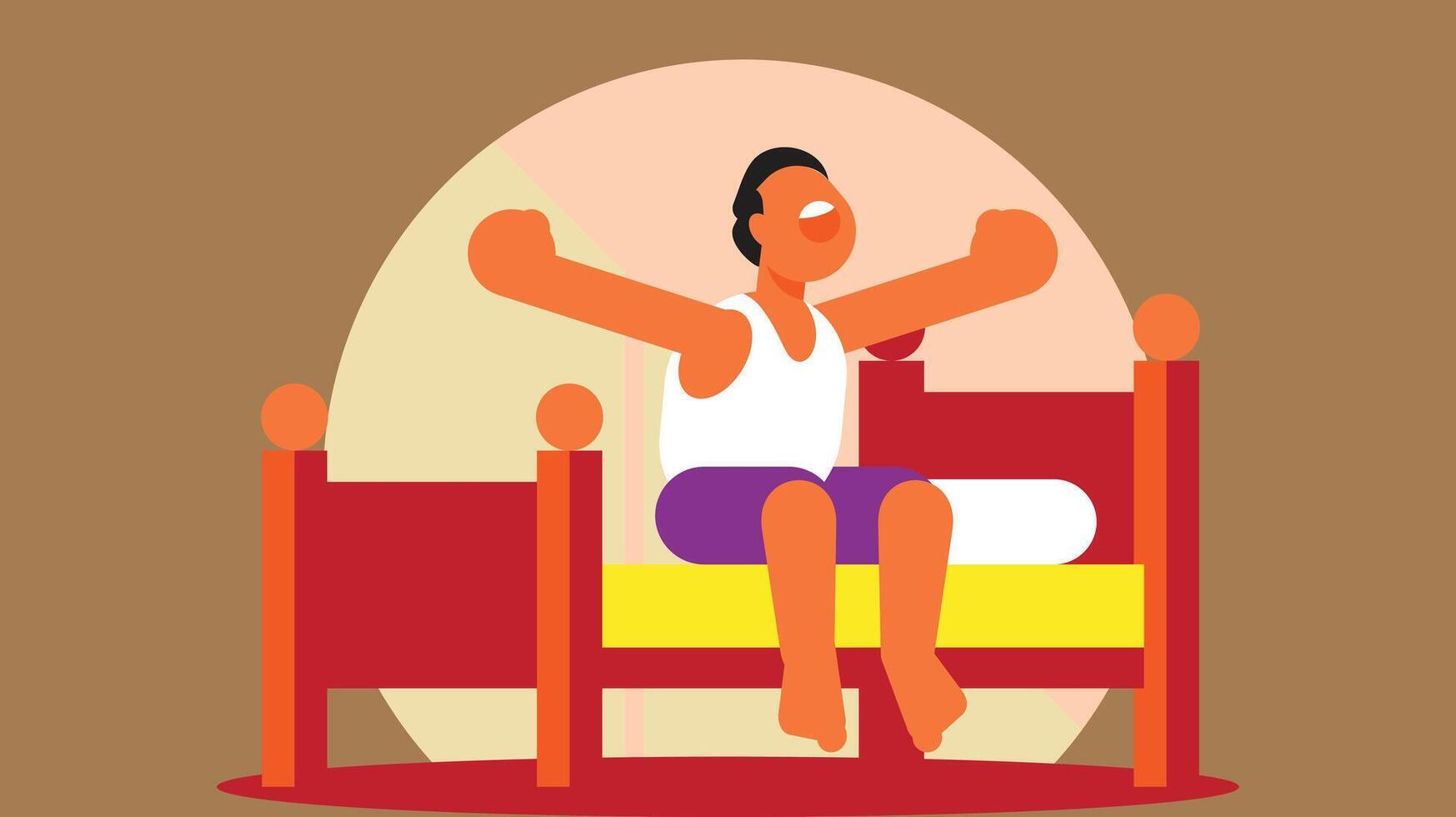 boy wakes up and get up from the bed in the morning vector illustration
