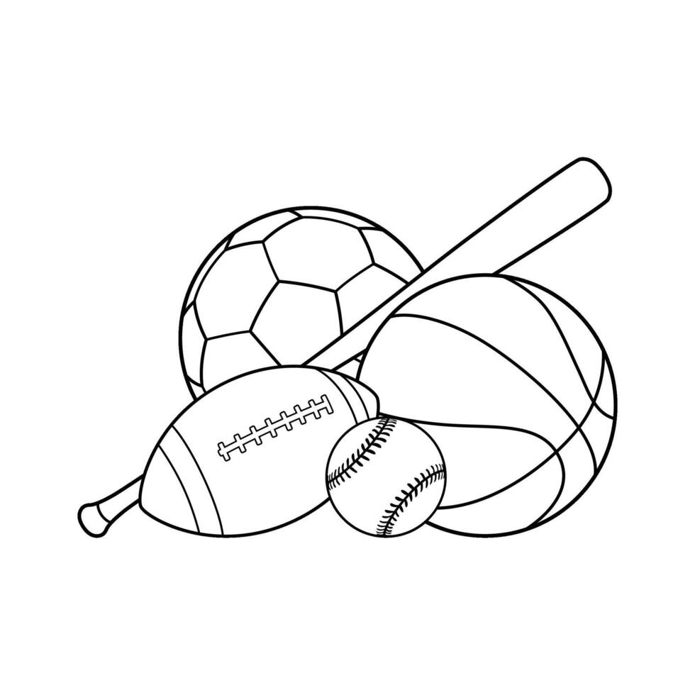 Popular sports equipment. Line art vector illustration